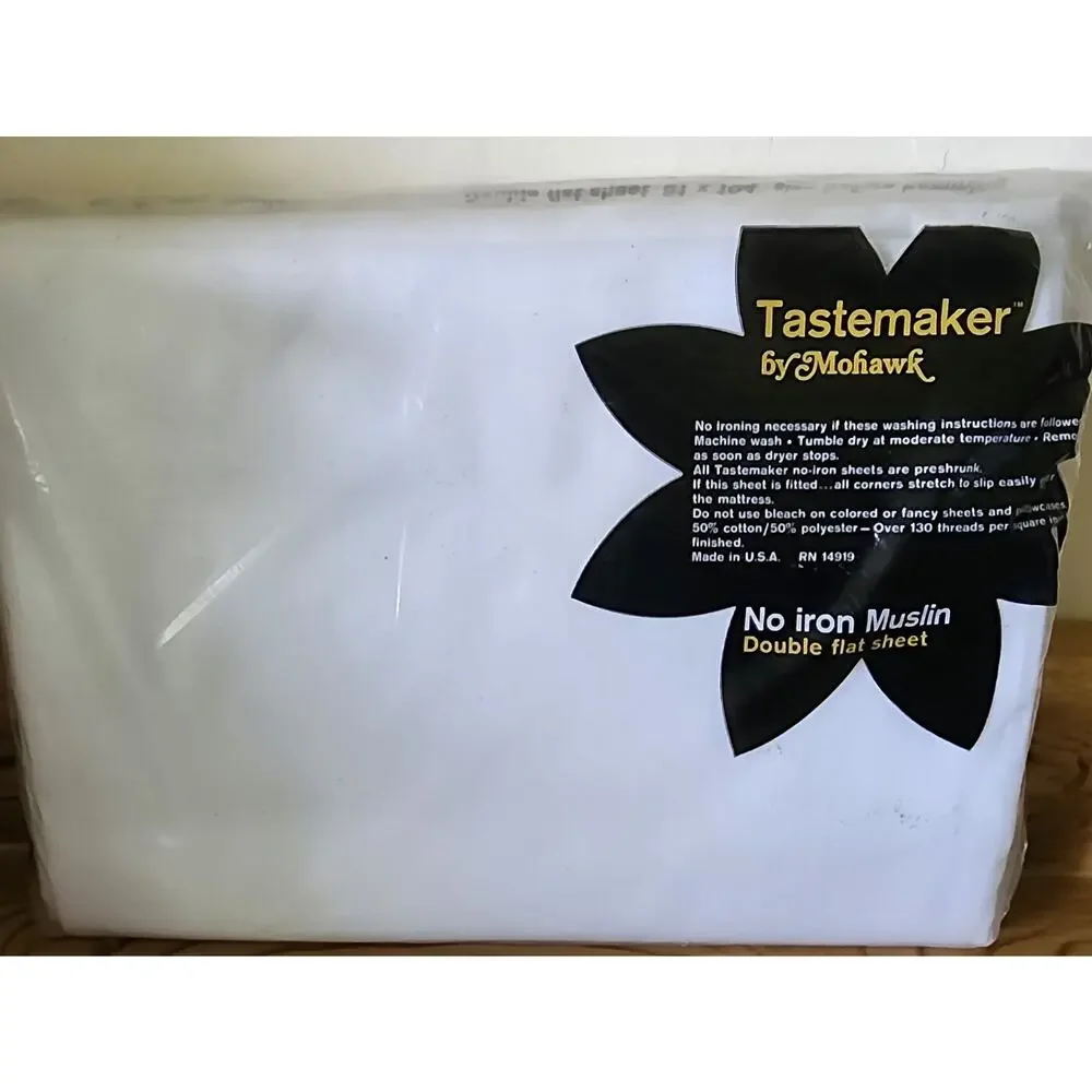 Vintage Tastemaker by Mohawk No Iron Muslin Double Flat Sheet White NIP USA